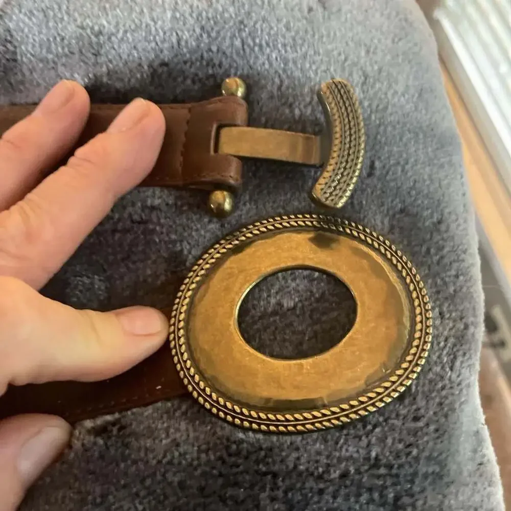 Vintage Style Brown Leather Belt with Antique Gold L-Bar Oval Buckle